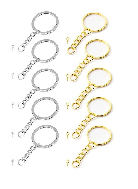 BanteyBanatey - BanteyBanatey Golden Silver Metal Loops Rings for Jewelry MakingFindings Art and Craft with chain Open Jump Ring Connector Keychain for DIY Handbag Keyrings With Q Hooks Pack of total 10 pcs - Image 1