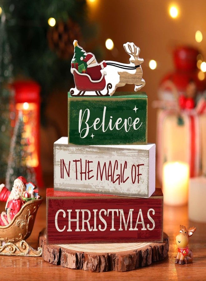 Lineshading 4 Pcs Christmas Table Decoration Wooden Santa Claus Decor Christmas Tiered Tray Decor Decorative Santa Claus Elk Block Sign Gift Farmhouse Xmas Table Centerpiece for Home Kitchen Shelf - Image 2