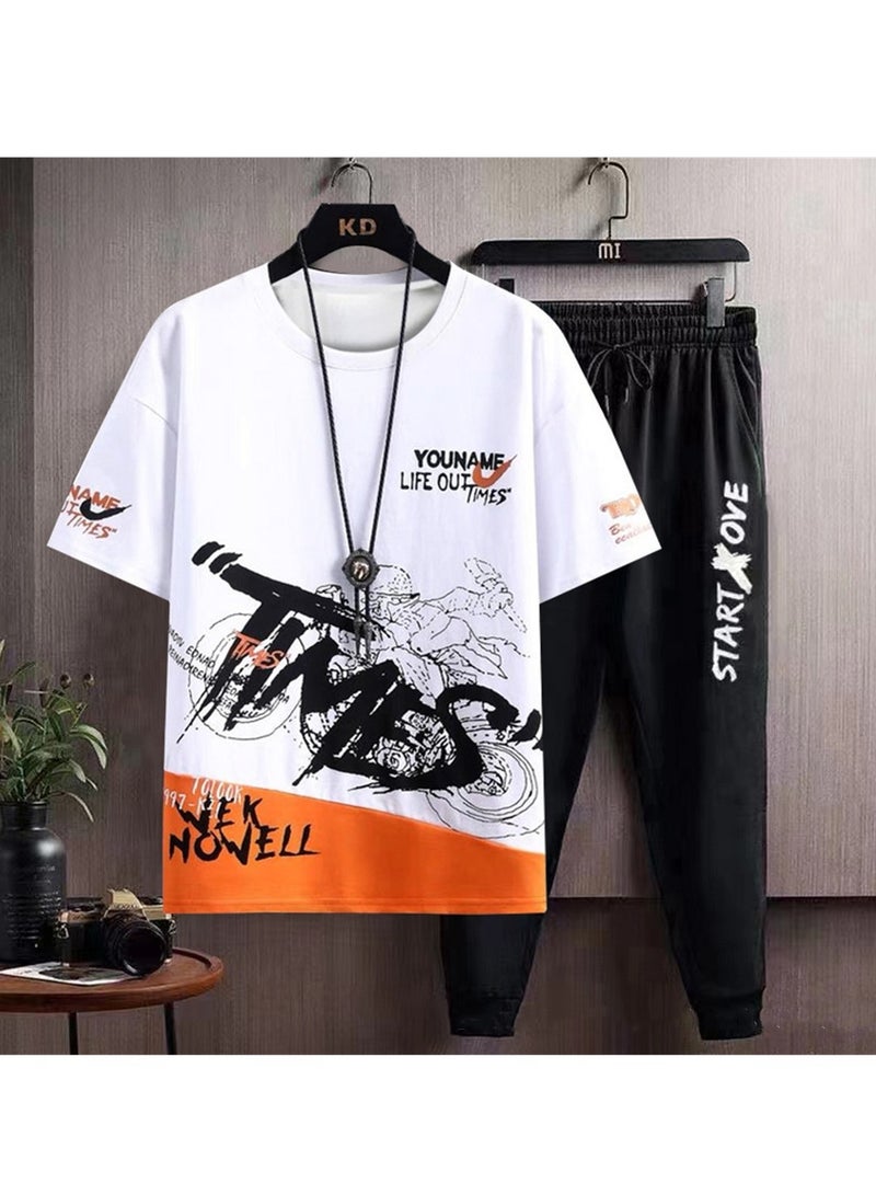 Men's sports trousers two-piece summer casual suit men's thin trendy short-sleeved t-shirt trousers suit
