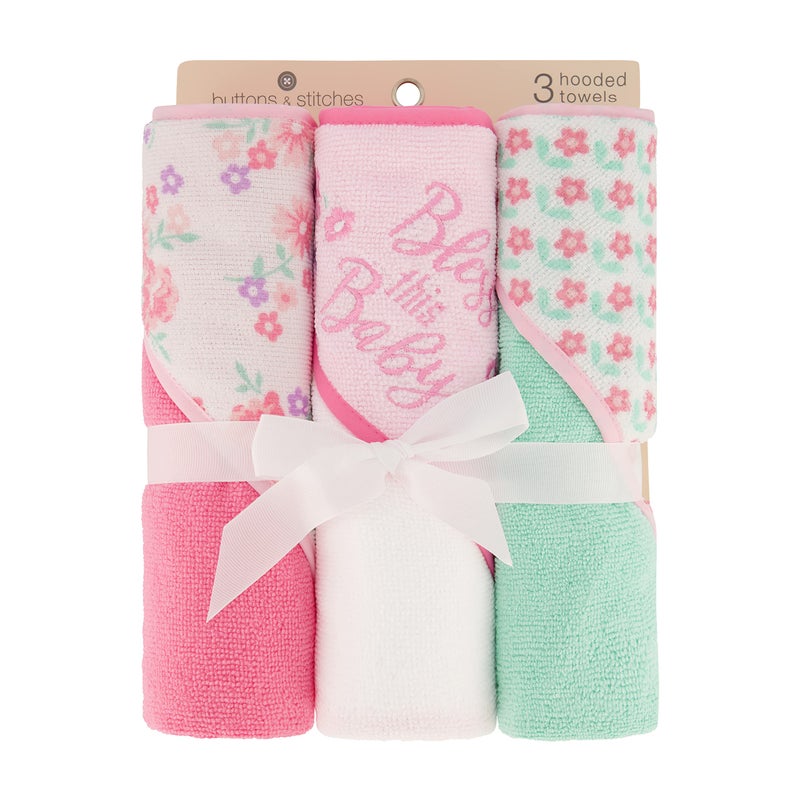 Cudlie Buttons & Stitches Baby Girl 3 Pack Rolled/Carded Hooded Towels in Bless This Baby Print, GS71730 - Image 2