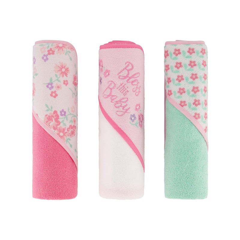 Cudlie Buttons & Stitches Baby Girl 3 Pack Rolled/Carded Hooded Towels in Bless This Baby Print, GS71730 - Image 1