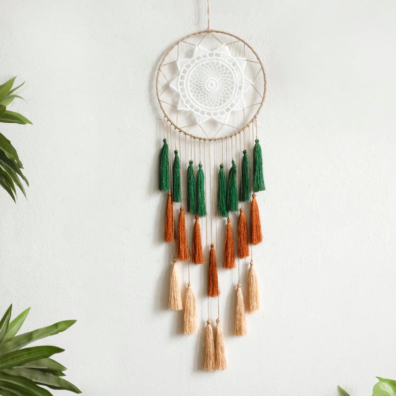 Artilady Macrame Dream Catchers for Bedroom - Tassel Wall Hanging Handmade Dreamcatchers Home Decor with Tassel Feather Ornament Craft Blessing Gift (Green Mix) - Image 1