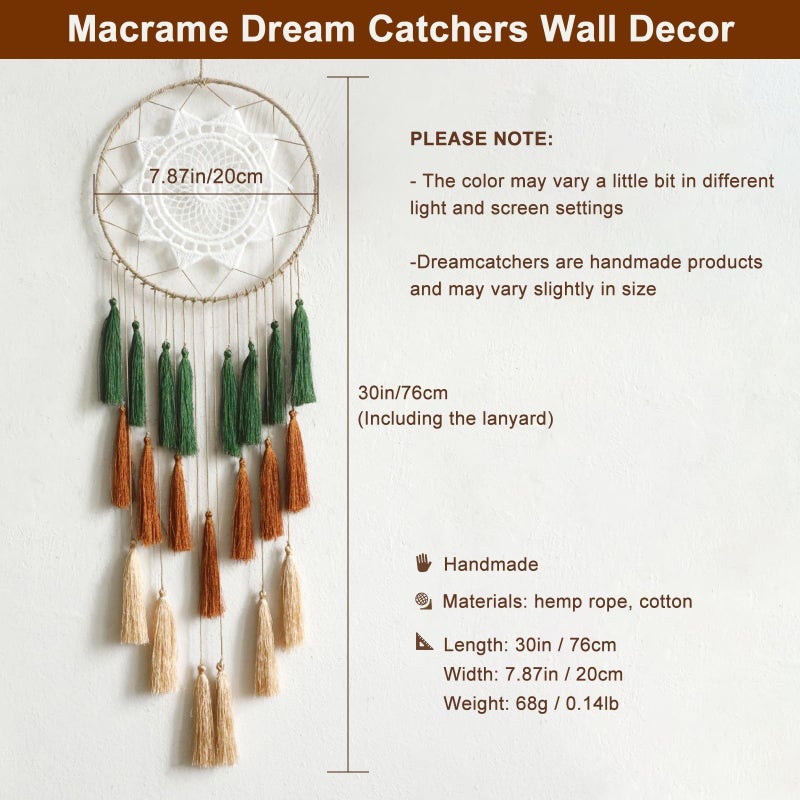 Artilady Macrame Dream Catchers for Bedroom - Tassel Wall Hanging Handmade Dreamcatchers Home Decor with Tassel Feather Ornament Craft Blessing Gift (Green Mix) - Image 3