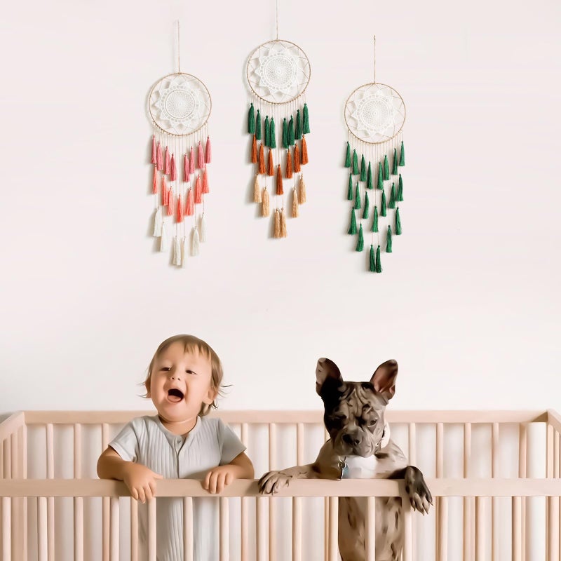 Artilady Macrame Dream Catchers for Bedroom - Tassel Wall Hanging Handmade Dreamcatchers Home Decor with Tassel Feather Ornament Craft Blessing Gift (Green Mix) - Image 2