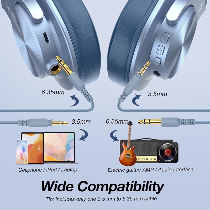 OneOdio A70 Over Ear Bluetooth Headphones, Foldable Wireless and Wired Headset with Microphone, Professional Studio Monitor Mixing Headphones for PC/Phone (Blue) - Image 4
