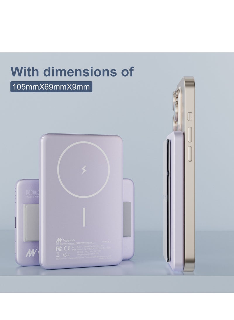 5000mAh Magnetic Powerbank, Wireless Portable Charger Fast Charging, PD 22.5W Wired Charging, iPhone Magnetic Charger Battery Pack for iPhone 15/14/13/12 Series, Metallic Light Purple