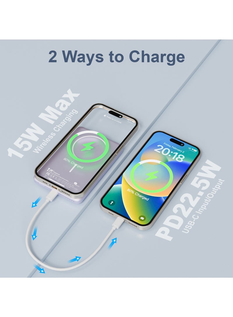 5000mAh Magnetic Powerbank, Wireless Portable Charger Fast Charging, PD 22.5W Wired Charging, iPhone Magnetic Charger Battery Pack for iPhone 15/14/13/12 Series, Metallic Light Purple