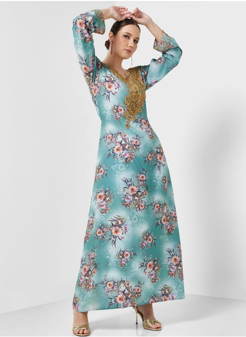 Embellished V- Neck Jalabiya