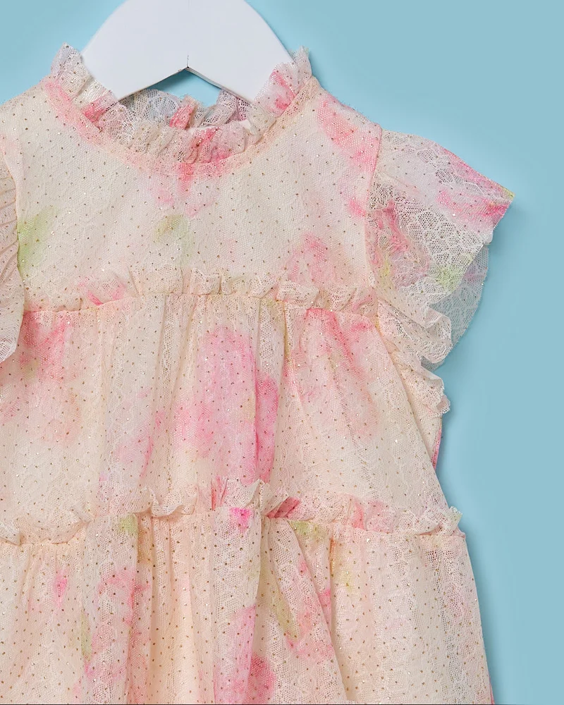 Redtag Infant Girls Yellow All Over Print Mesh Dress