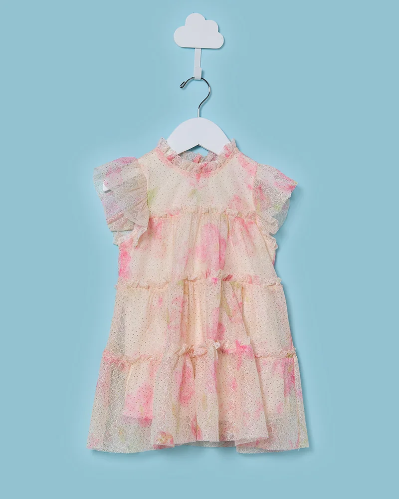 Redtag Infant Girls Yellow All Over Print Mesh Dress