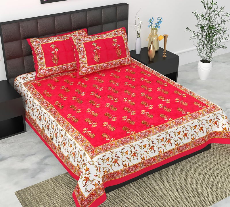 E-WISH BOX EWISH BOX Pure 100 Cotton Double Bed Sheet with 2 Pillow Covers Bedsheet for Double Bed Cotton Red Flower Patti Jaipuri King Size - Image 4