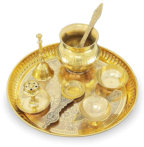 BENGALEN Brass Pooja Thali Set 8 Inch Puja Thali with Pital Plate Kalash Palli Chandan Wati Agarbatti Stand Kappur Arti Diya for Diwali Home Office Mandir Wedding Return Gift Items - Image 1