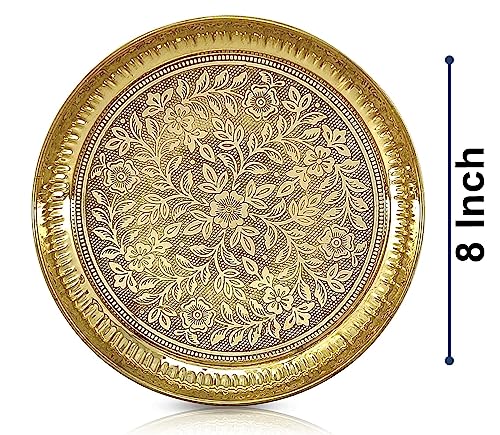 BENGALEN Brass Pooja Thali Set 8 Inch Puja Thali with Pital Plate Kalash Palli Chandan Wati Agarbatti Stand Kappur Arti Diya for Diwali Home Office Mandir Wedding Return Gift Items - Image 3