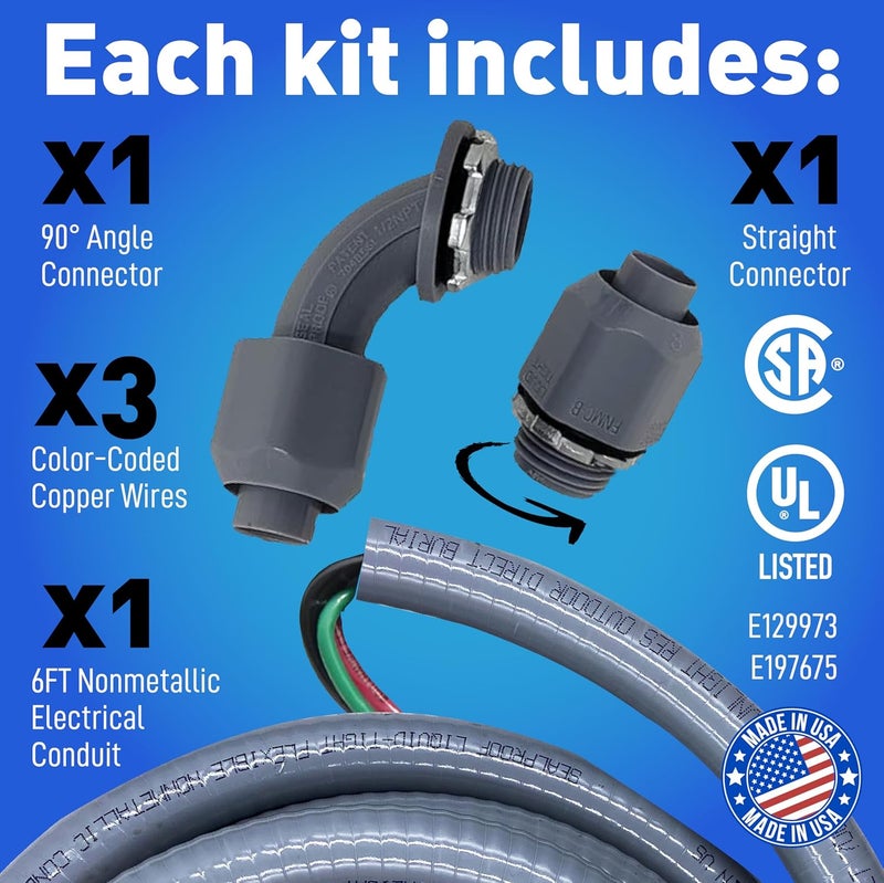 Sealproof Power Whip Assembly, 1/2-Inch x 6 Ft Nonmetallic Liquid Tight Flexible Electrical Conduit and 10 Gauge Wire Single Phase Preassembled A/C Hook-up Whip Kit, 1/2" - Image 3