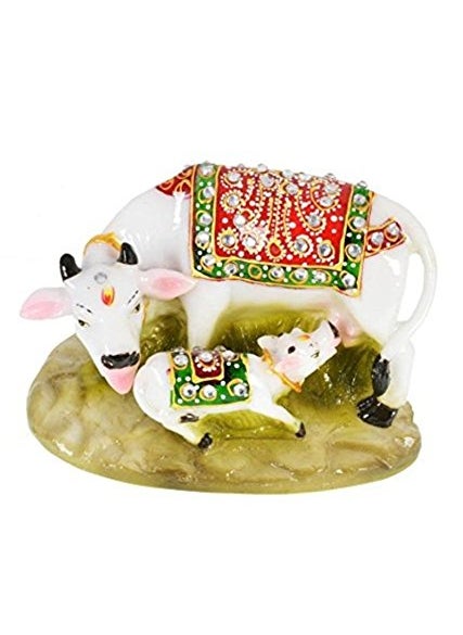 Fashion Bizz Fashion Bizz Handcrafted Stones Studded Marble Made Kamdhenu Cow with Calf  - Image 2