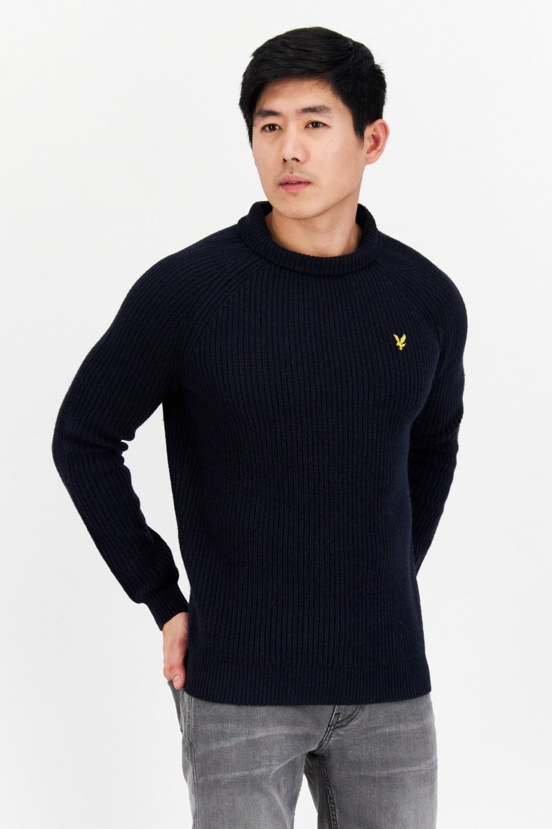 Lyle & Scott Men Mock Neck Brand Logo Sweater, Navy - Image 1