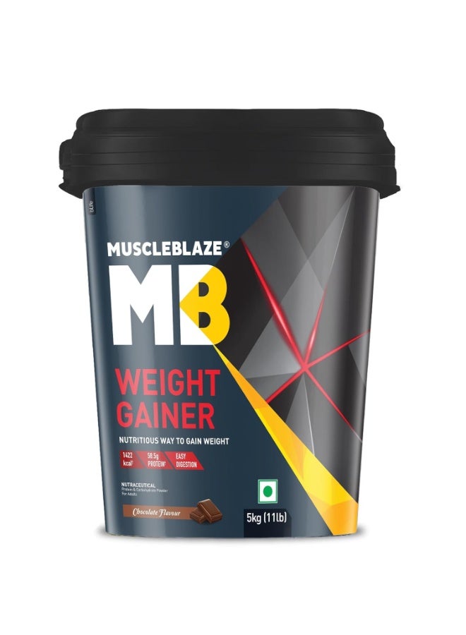 مسل بلايز مسحوق MuscleBlaze لزيادة الوزن بنكهة الشوكولاتة مع إضافة إنزيمات Digezyme (50 حصة، 5 كجم / 11 رطلاً) | 12 جم بروتين و72 جم كربوهيدرات لكل مكيال - Image 1