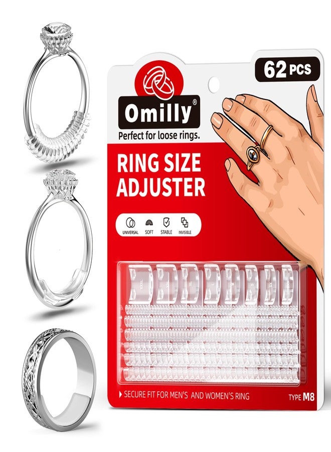 Omilly Ring Sizer Adjuster for Loose Rings - 62 Piece Set with 3 Styles (Ring Spacers, Spiral, Sticker), Fits Ring Widths 1-10mm, Invisible Design for Women & Men - Image 1
