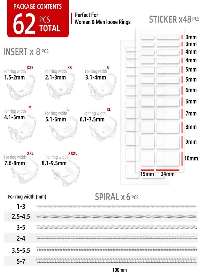 Omilly Ring Sizer Adjuster for Loose Rings - 62 Piece Set with 3 Styles (Ring Spacers, Spiral, Sticker), Fits Ring Widths 1-10mm, Invisible Design for Women & Men - Image 3