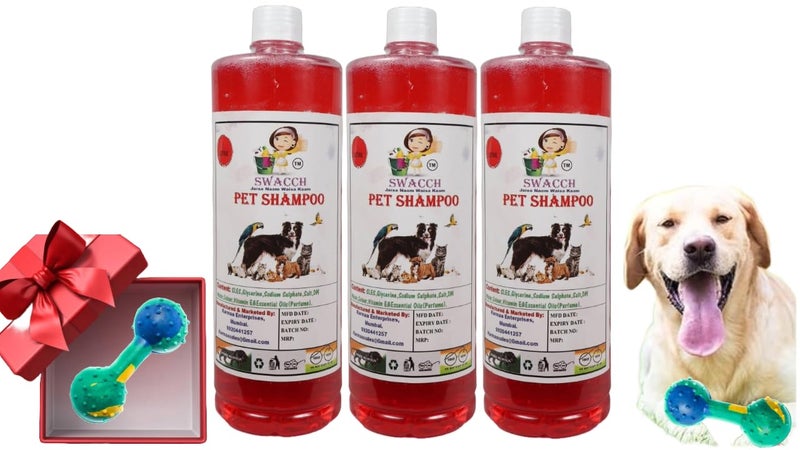 swacch Pet Shampoo + Dumbbell Toy I Durable Rubber Dog Toy for Chewing I Playing,Teeth Cleaning & Training Toy I Combo Pack I 1 Litre Pack of 3 Strawberry - Image 1