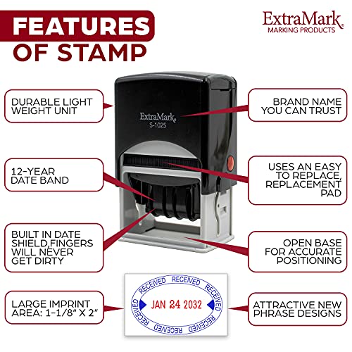 ExtraMark S-1025 Professional Self Inking Office Date Stamp with "Entered" Phrase – Style P - Red Color Ink - Image 3
