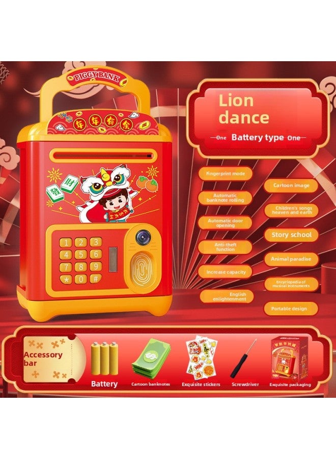Spring Festival National Fashion Lion Dance Piggy Bank Creative Password Safe Piggy Bank Automatic Safe Box Children's Year Gift-Color:[Exquisite Color Box] National Fashion Lion Dance Piggy Bank (battery Suit) - Image 1
