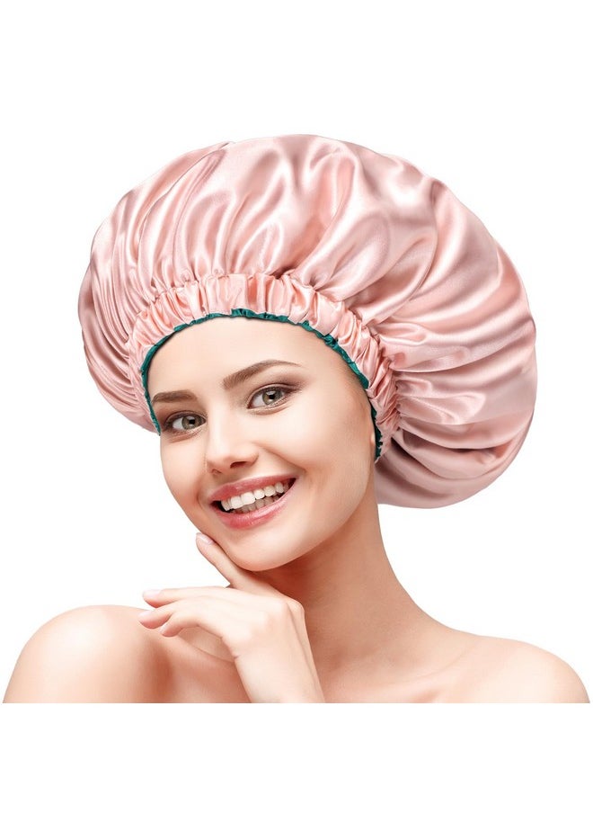 mikimini Satin Bonnet Silk Bonnet For Women Curly Hair Reversible Doublelayer Sleeping Hair Bonnet Extra Large Stretchy Sleep Hair Cap (Green+Pink)  - Image 1