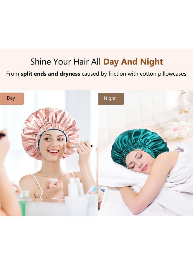 mikimini Satin Bonnet Silk Bonnet For Women Curly Hair Reversible Doublelayer Sleeping Hair Bonnet Extra Large Stretchy Sleep Hair Cap (Green+Pink)  - Image 3