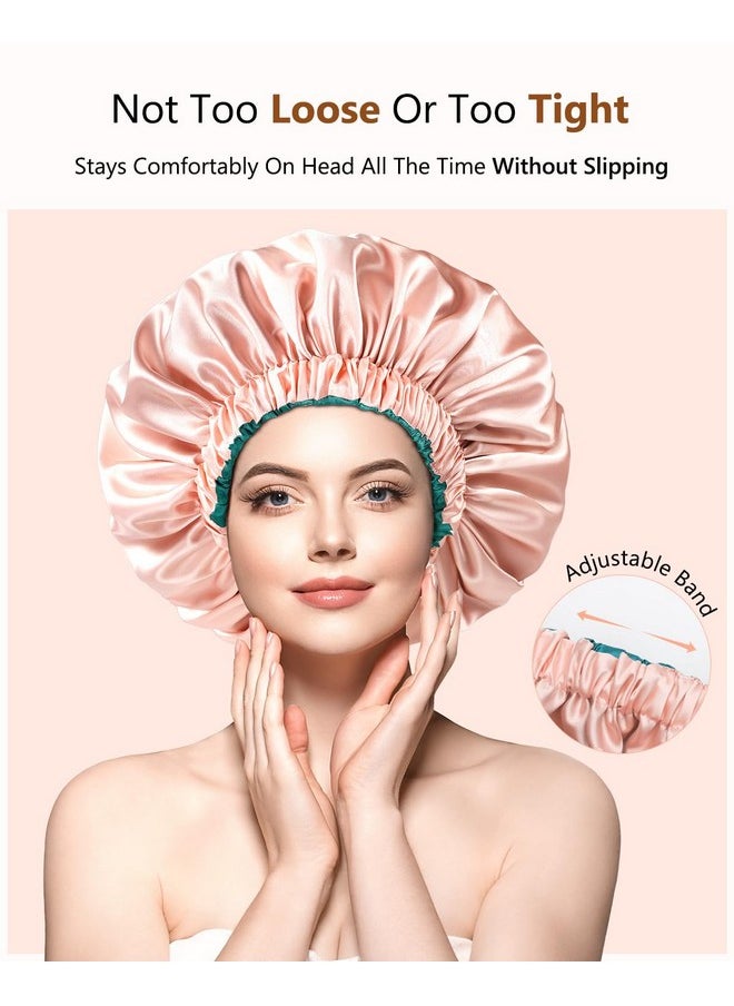 mikimini Satin Bonnet Silk Bonnet For Women Curly Hair Reversible Doublelayer Sleeping Hair Bonnet Extra Large Stretchy Sleep Hair Cap (Green+Pink)  - Image 4