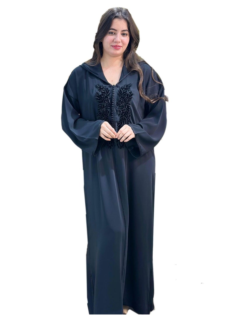 Al Merrakchiya Women’s Djellaba – Long Moroccan Kaftan | Traditional Kabylen Style Arabic Dress | Comfortable Soft Crepe Fabric | Long Sleeve Jalabiya For Womens-Black-DD3 - Image 1
