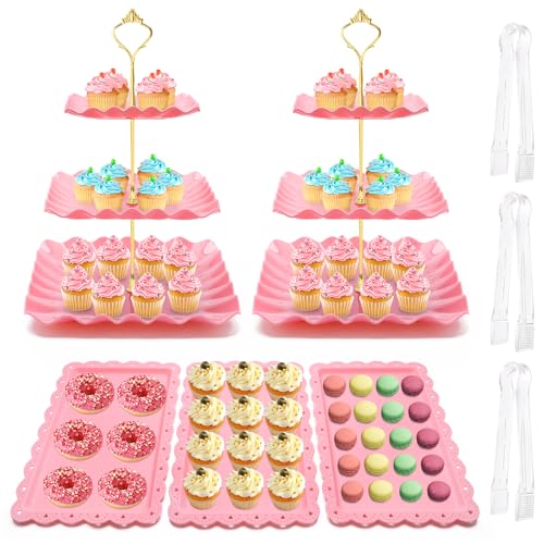Coitak 8 Pieces Cupcake Stand Set 2 PCS 3 Tier Cupcake Stands with 3 PCS Appetizer Trays 3 PCS Serving Tongs Dessert Tower Tray for Tea Party Pink - Image 1