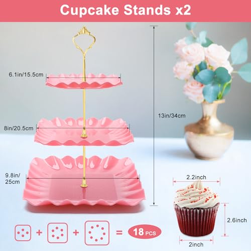 Coitak 8 Pieces Cupcake Stand Set 2 PCS 3 Tier Cupcake Stands with 3 PCS Appetizer Trays 3 PCS Serving Tongs Dessert Tower Tray for Tea Party Pink - Image 3