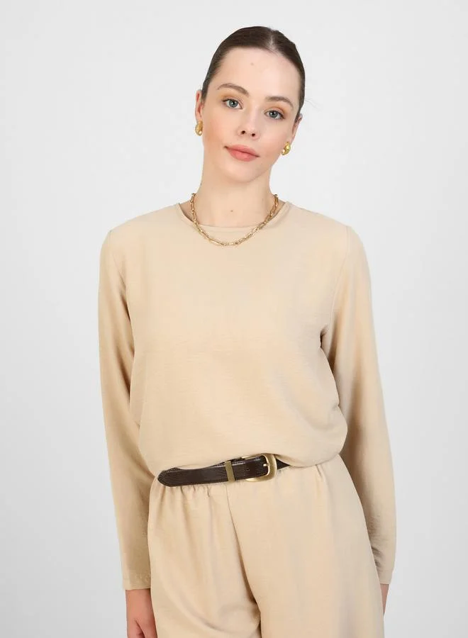 Refka by modanisa Refka by modanisa Beige Solid Round Neck Tunic and Trousers Co-Ords