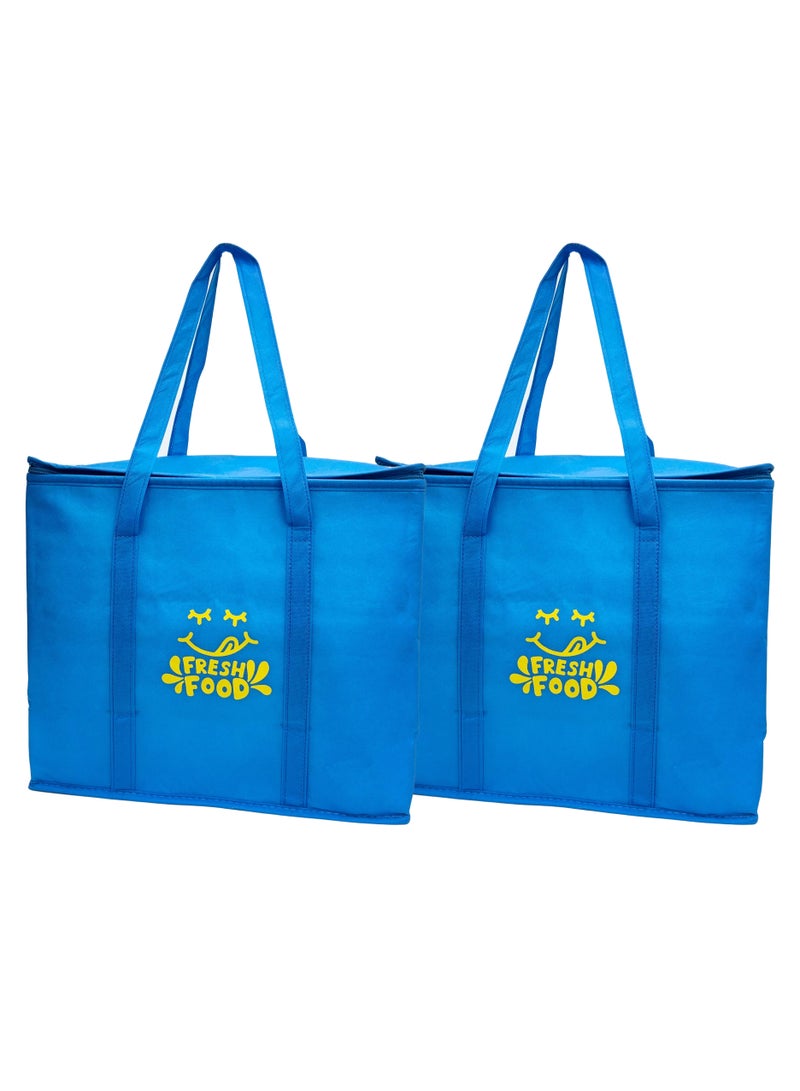2 pack of Insulated Reusable Grocery Shopping Bag, Food Delivery, Cooler Bag, Heavy Duty, Large Size, Durable Handles, Stands Upright, Collapsible, with special unique design ''FRESH FOOD'' - Image 1