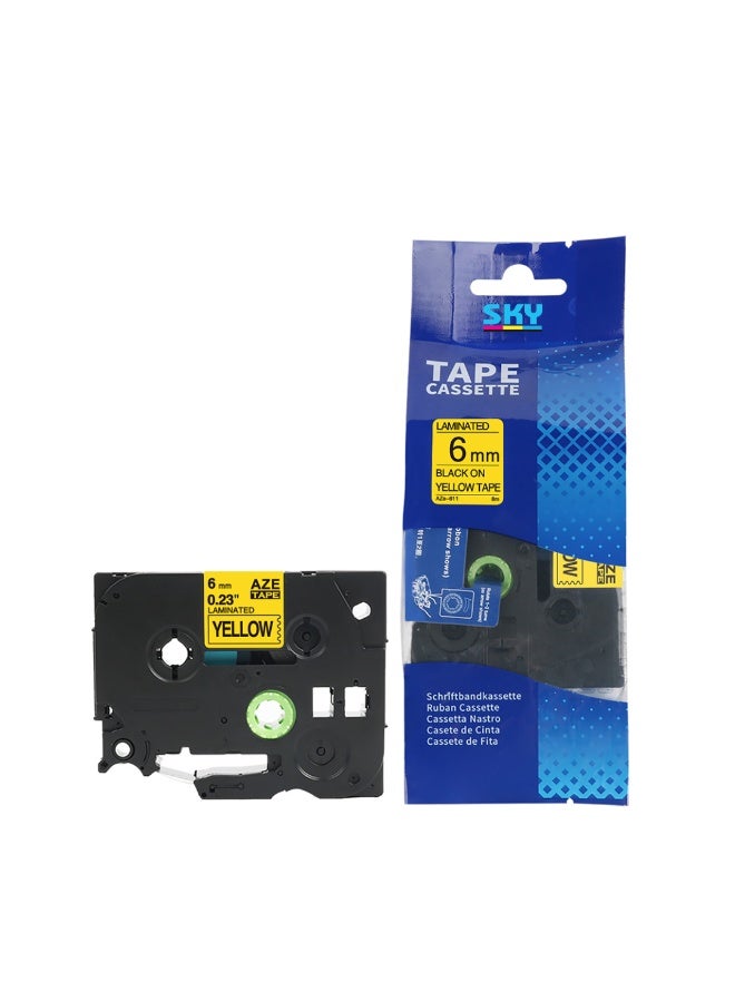 6mm x 8 meter Black on Yellow AZE Label Tape Cartridge for P-Touch Label Printers