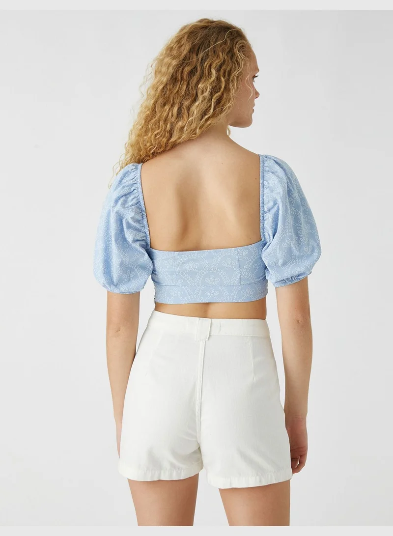 كوتون Crop Blouse Heart Neck Puff Sleeve