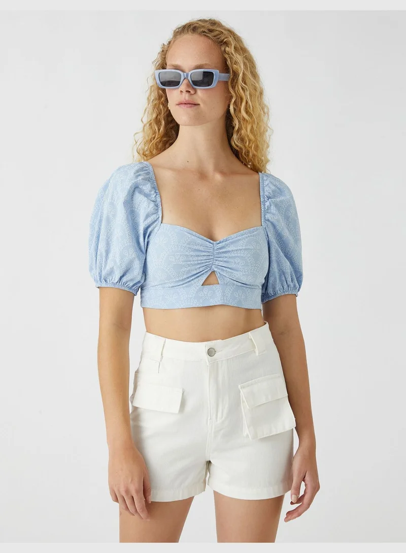 كوتون Crop Blouse Heart Neck Puff Sleeve