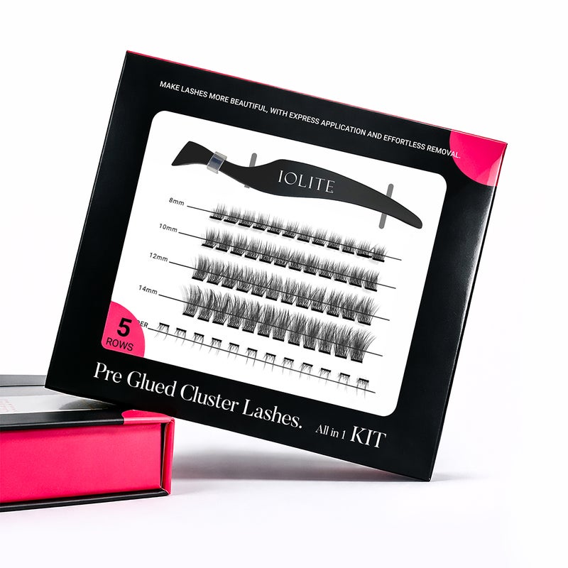 DIY Lash Clusters – Iolite Pre-Glued Premade Lash Kit, Self-Adhesive Russian Eyelash Extensions Fluffy Wispy Cat Eye False Lashes Premade Volume & Classic Clusters Easy Apply with Tweezers, Reusable