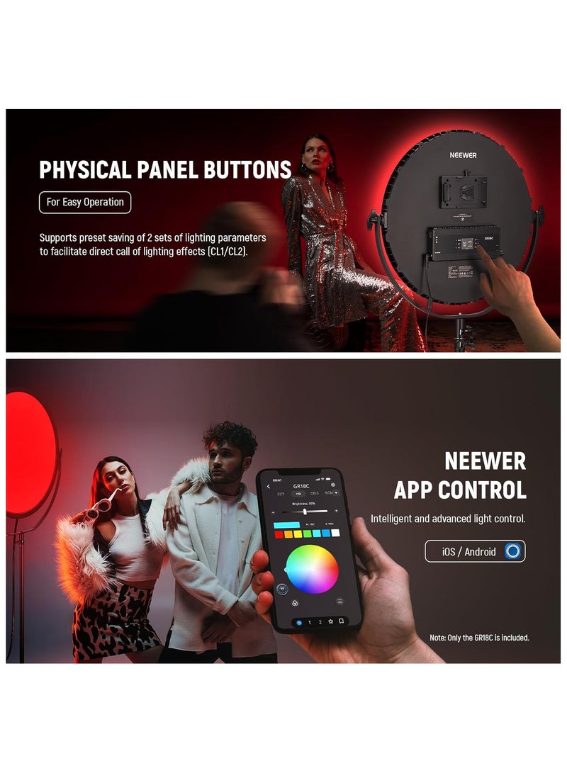 Neewer Neewer GR18C 18" RGB LED Video Light Panel 65W 6000Lux with APP Control, 2500K-8500K Bi-Color RGBCW Photography Lighting, 18 Scenes, V-Mount Battery Powered for Studio & Outdoor Filming - Image 5