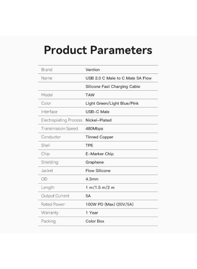 VENTION USB 2.0 C Male to C Male  5A Cable Pink Silicone Type Model # TAWPF - Image 5