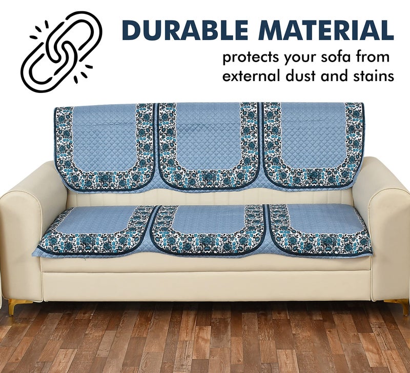 Yellow Weaves 5 Seater Quilted Sofa Cover and Chair Cover, Floral Design, Seat & Back Cover, Color - Sky Blue - Velvet - Image 5