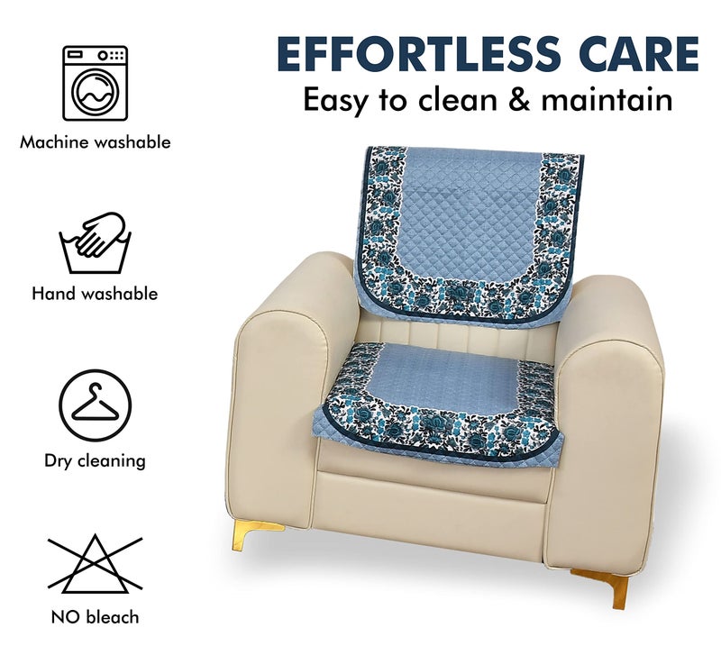 Yellow Weaves 5 Seater Quilted Sofa Cover and Chair Cover, Floral Design, Seat & Back Cover, Color - Sky Blue - Velvet - Image 2