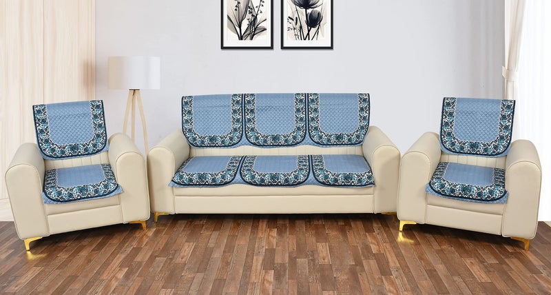 Yellow Weaves 5 Seater Quilted Sofa Cover and Chair Cover, Floral Design, Seat & Back Cover, Color - Sky Blue - Velvet - Image 1