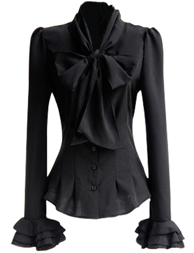 Firpearl Mosocow Women's Victorian Blouse Bow Tie Neck Long Sleeve Renaissance Shirt Tops S Black - Image 1