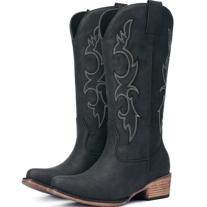 Choiran Black Cowboy Boots for Women - Embroidered Cowgirl Carter Outfits Boot Western Mid Calf Cowboy Carter Fashion Chunky Heel Pointed Toe Country Boots 8 - Image 1