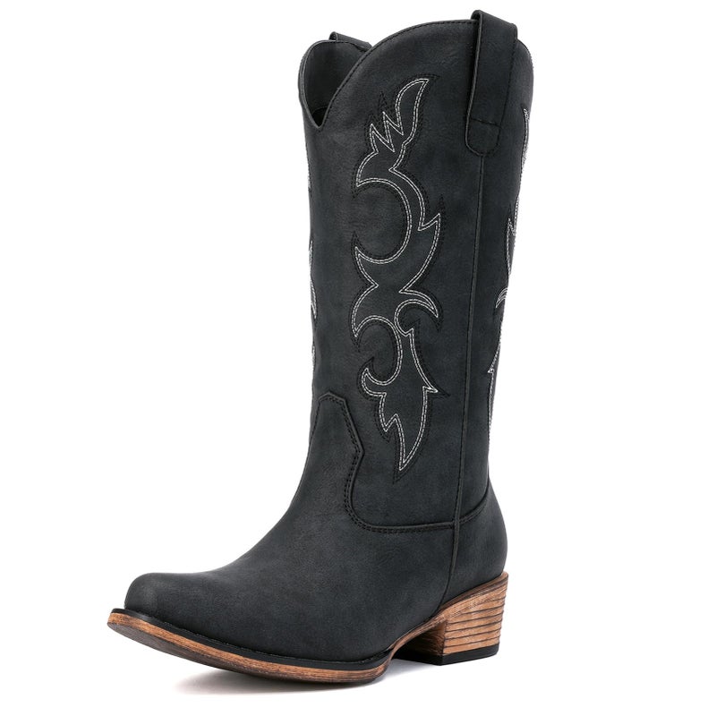 Choiran Black Cowboy Boots for Women - Embroidered Cowgirl Carter Outfits Boot Western Mid Calf Cowboy Carter Fashion Chunky Heel Pointed Toe Country Boots 8 - Image 4