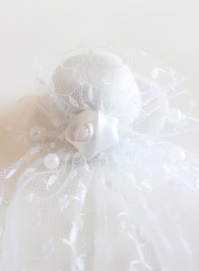 Choko Lace Veil Fascinator Hair Clip for Girls - White Mini Hat Alligator Clip with Net and Beads - Image 2