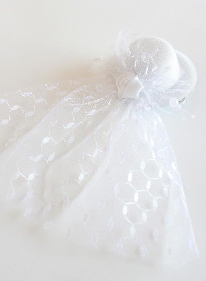 Choko Lace Veil Fascinator Hair Clip for Girls - White Mini Hat Alligator Clip with Net and Beads - Image 1
