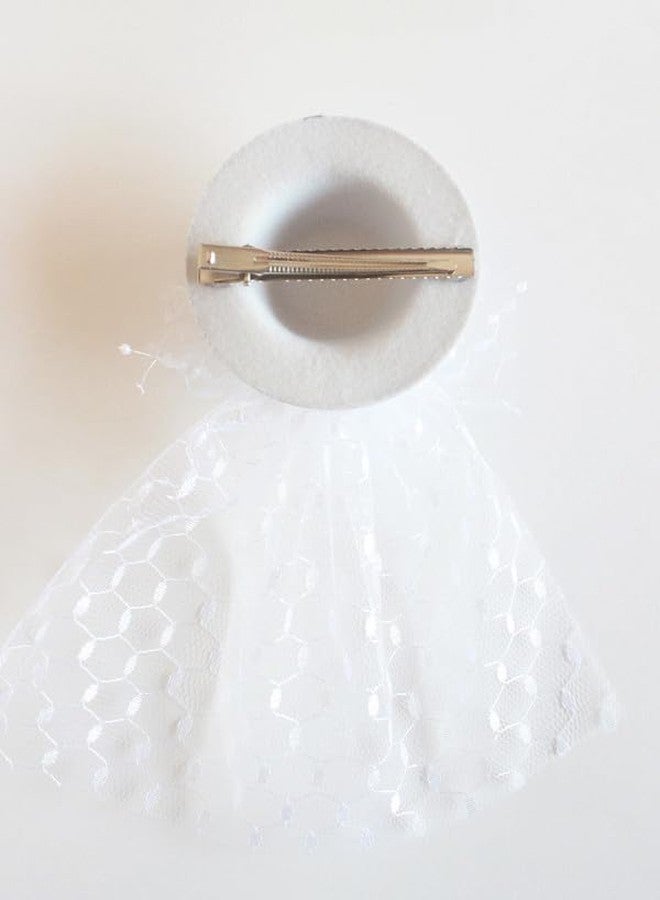 Choko Lace Veil Fascinator Hair Clip for Girls - White Mini Hat Alligator Clip with Net and Beads - Image 3
