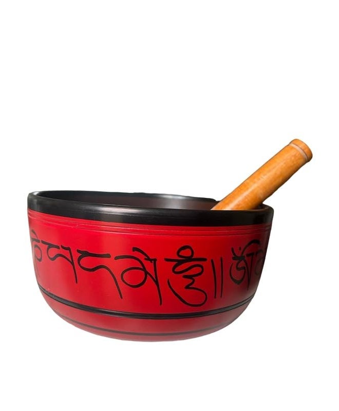 FASHERATI طقم وعاء الغناء التبتي المعدني المطلي يدويًا - أداة موسيقية كبيرة 7" مع مطرقة خشبية - للتأمل واليوغا والشفاء - أوم ماني بادمي هوم السلام (أحمر) - Image 1